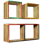 Set estantería de pared 3 uds teca maciza reciclada multicolor