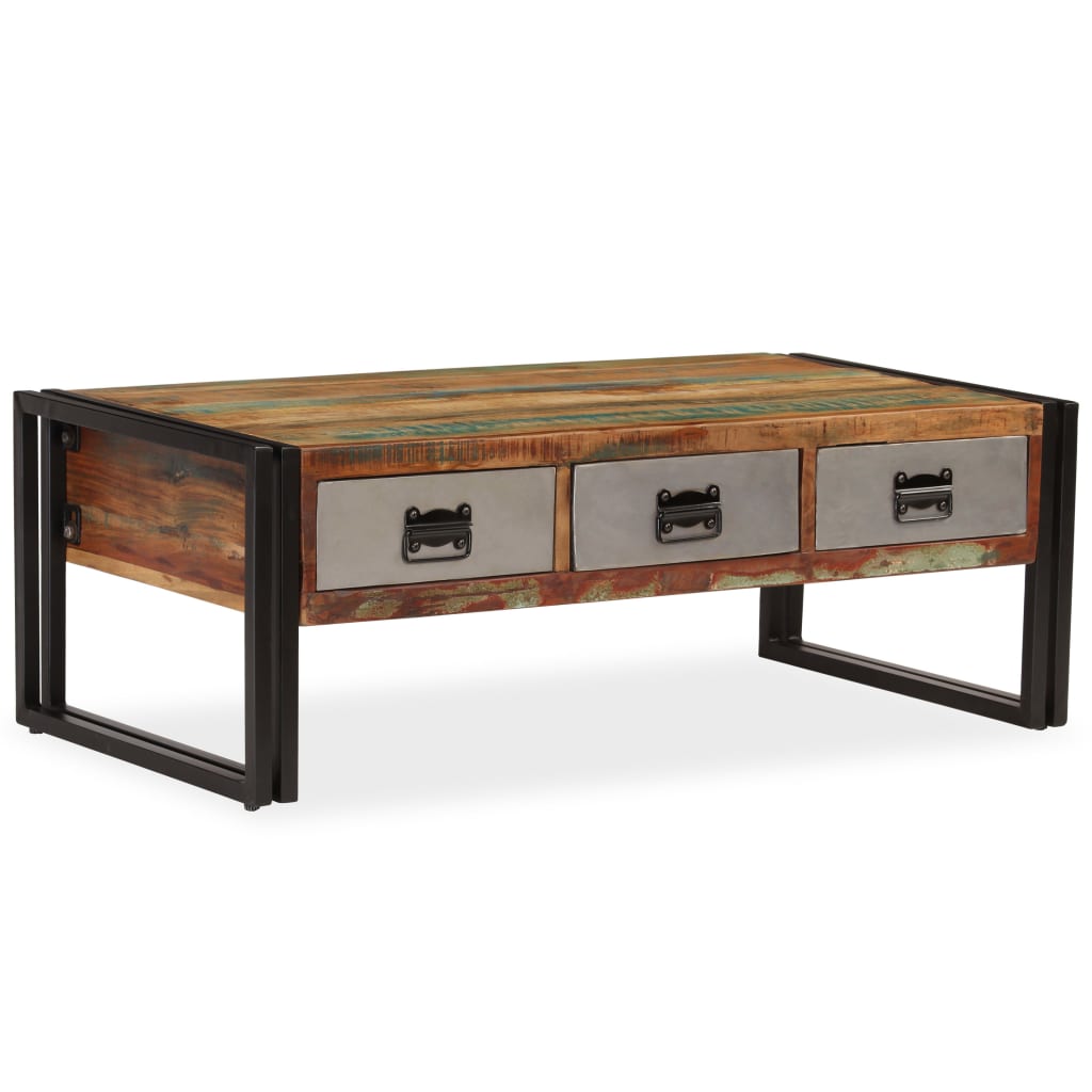 Mesa de centro 3 cajones madera maciza reciclada 100x50x35 cm