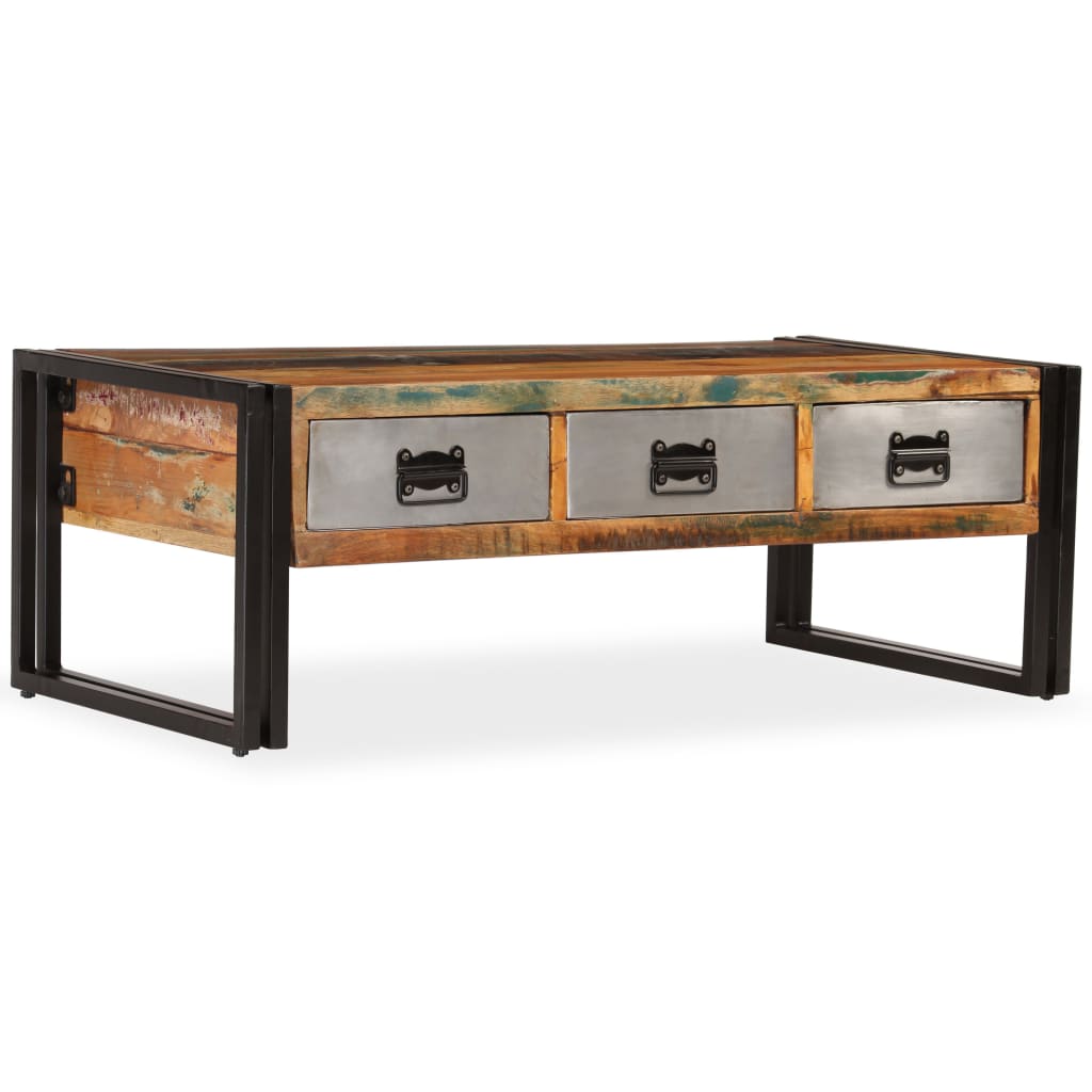 Mesa de centro 3 cajones madera maciza reciclada 100x50x35 cm