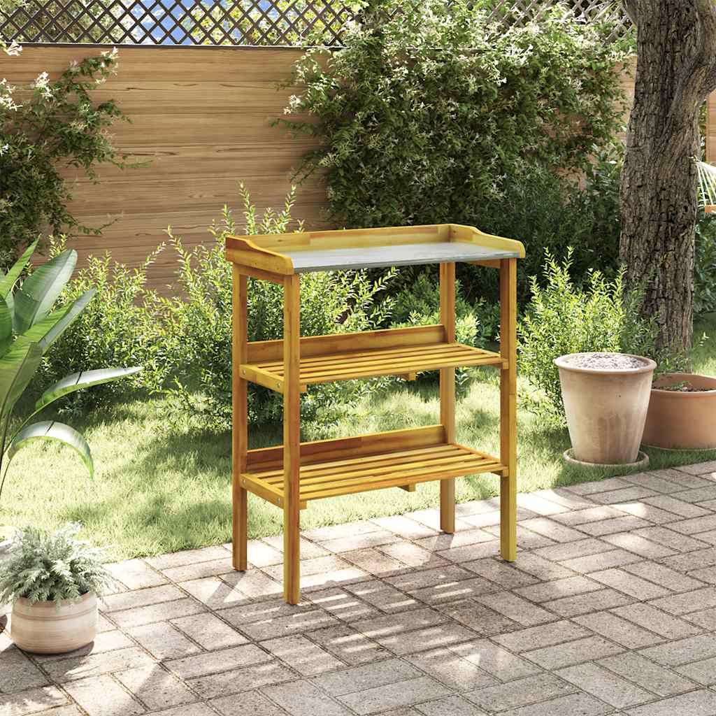 Banco para macetas con 2 estantes madera maciza de acacia+zinc