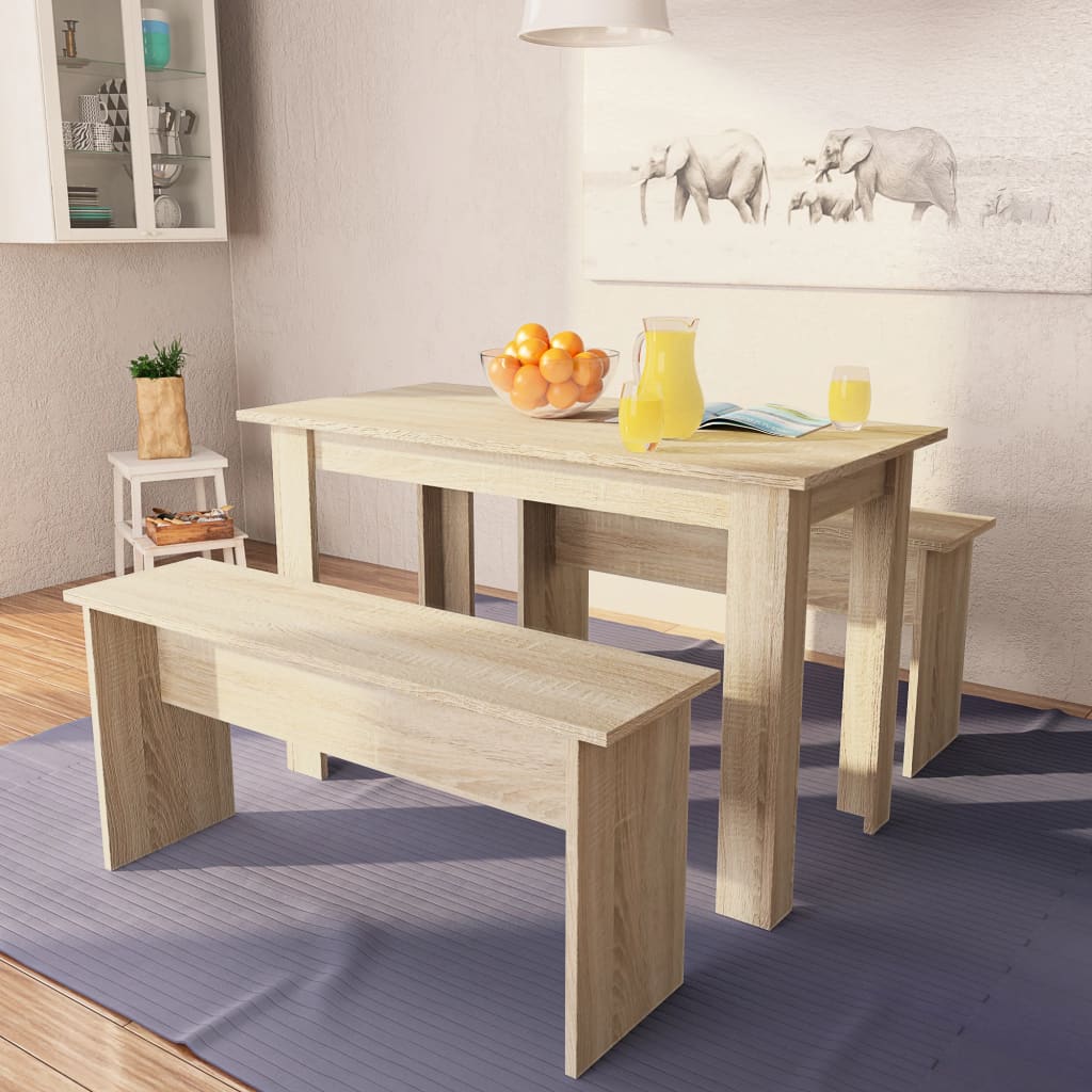 Mesa de comedor y bancos 3 piezas madera contrachapada blanca