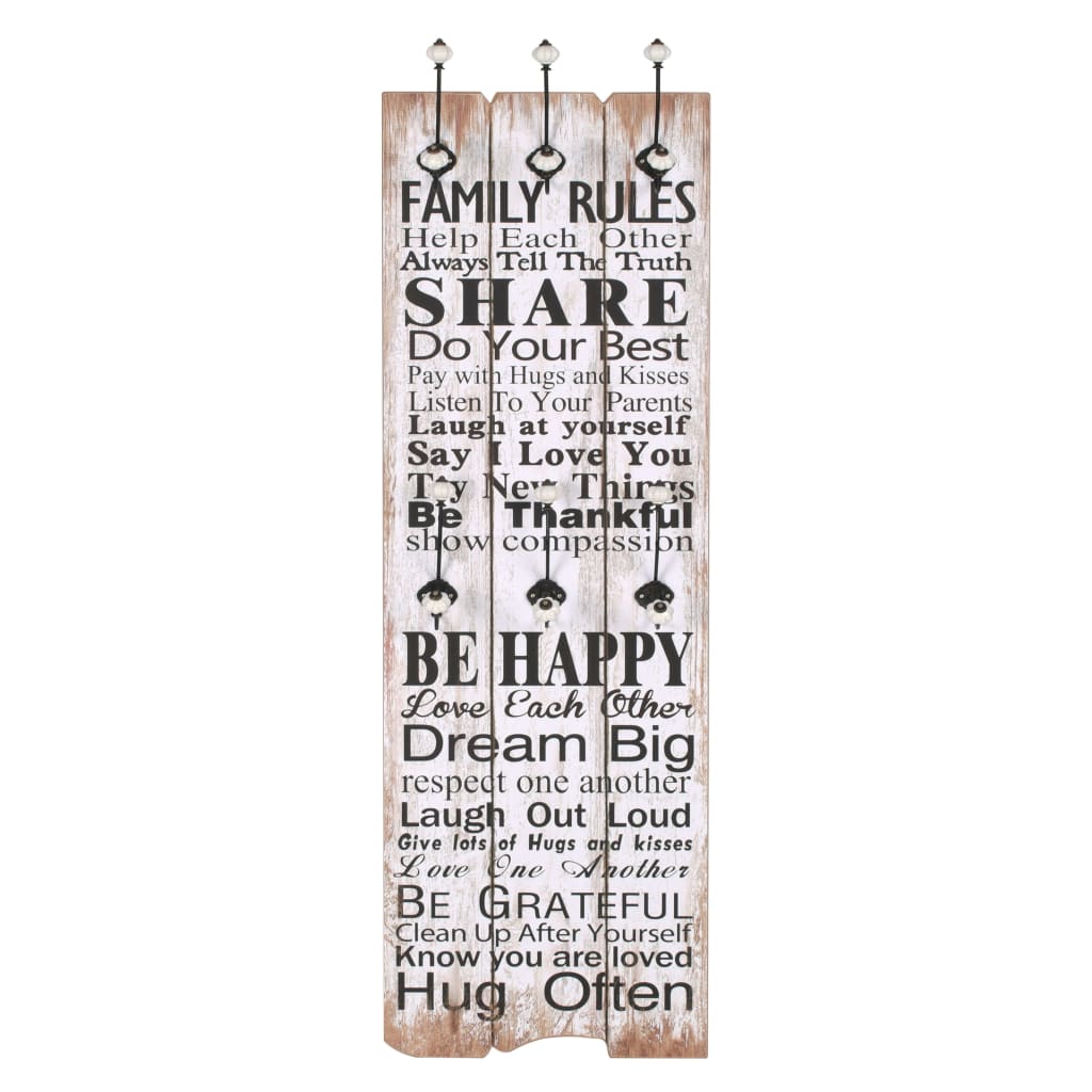 Perchero de pared FAMILY RULES con 6 ganchos 120x40 cm