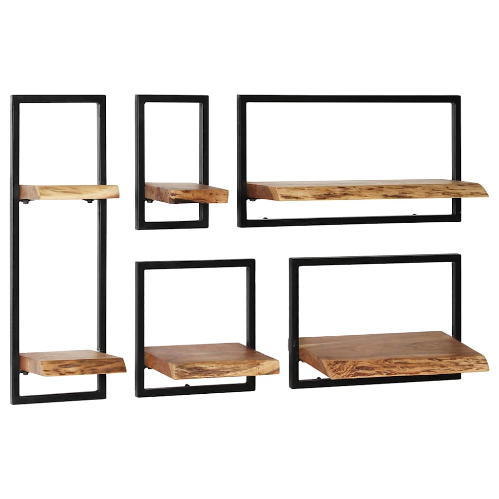 Conjunto estantes pared 5 piezas madera maciza acacia y acero