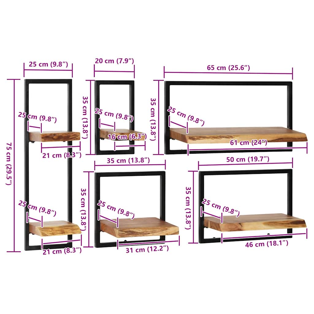 Conjunto estantes pared 5 piezas madera maciza acacia y acero