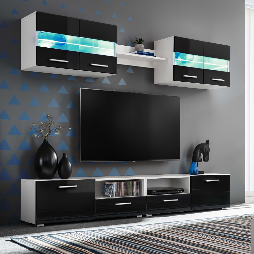 High-gloss white TV living room unit with LED lights 5 pieces
