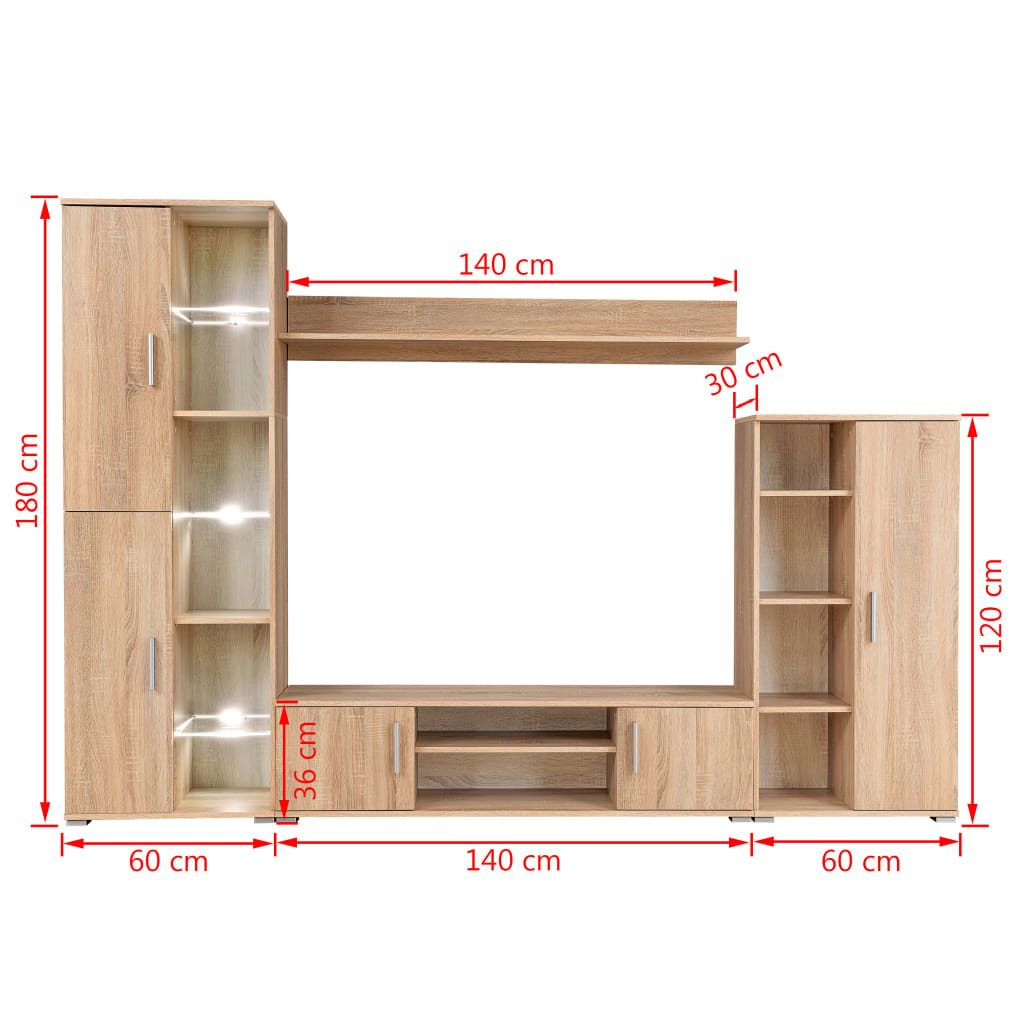 Mueble de salón de pared para TV con luces LED roble Sonoma