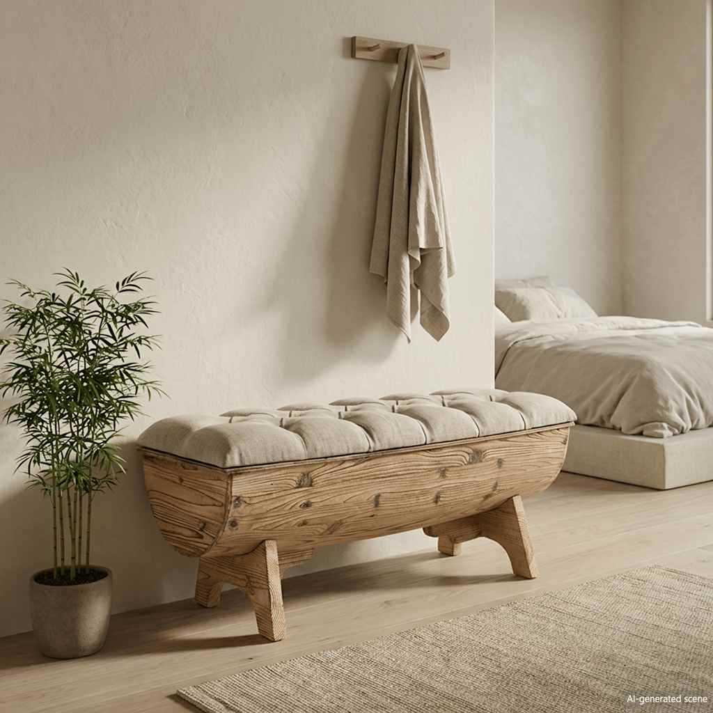 Banco de almacenamiento madera maciza y tela 103x51x44 cm