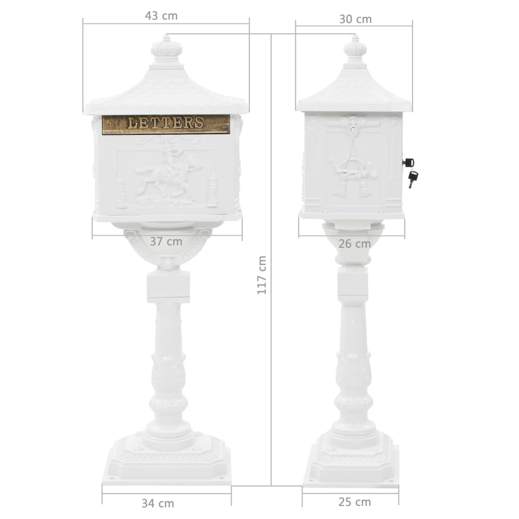 Buzón de pedestal de aluminio estilo vintage inoxidable blanco