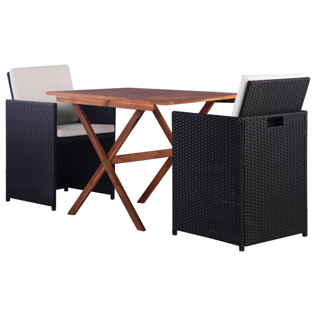 Mesa y sillas de jardín 3 pzas poli ratán y madera acacia negro