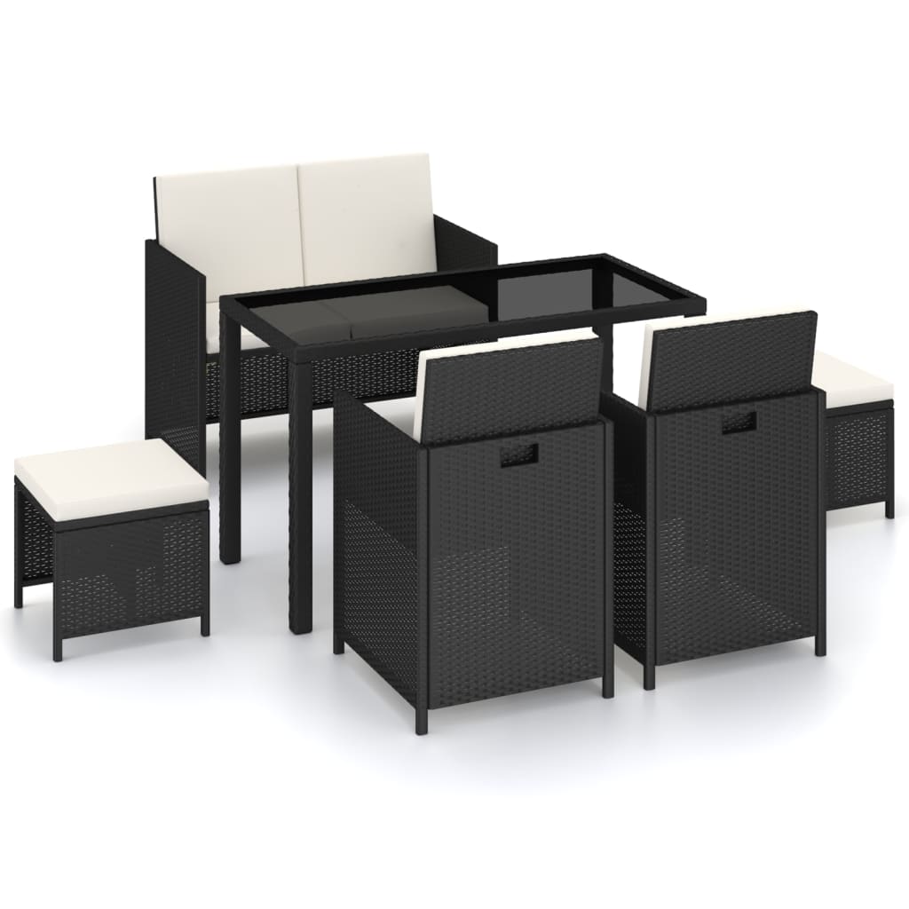 Set comedor de jardín 6 piezas y cojines ratán sintético negro