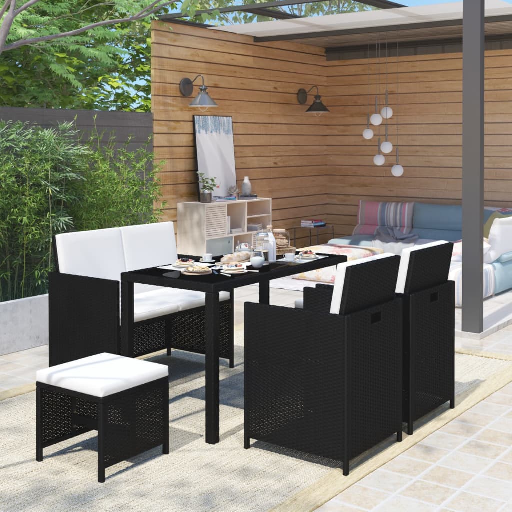 Set comedor de jardín 6 piezas y cojines ratán sintético negro