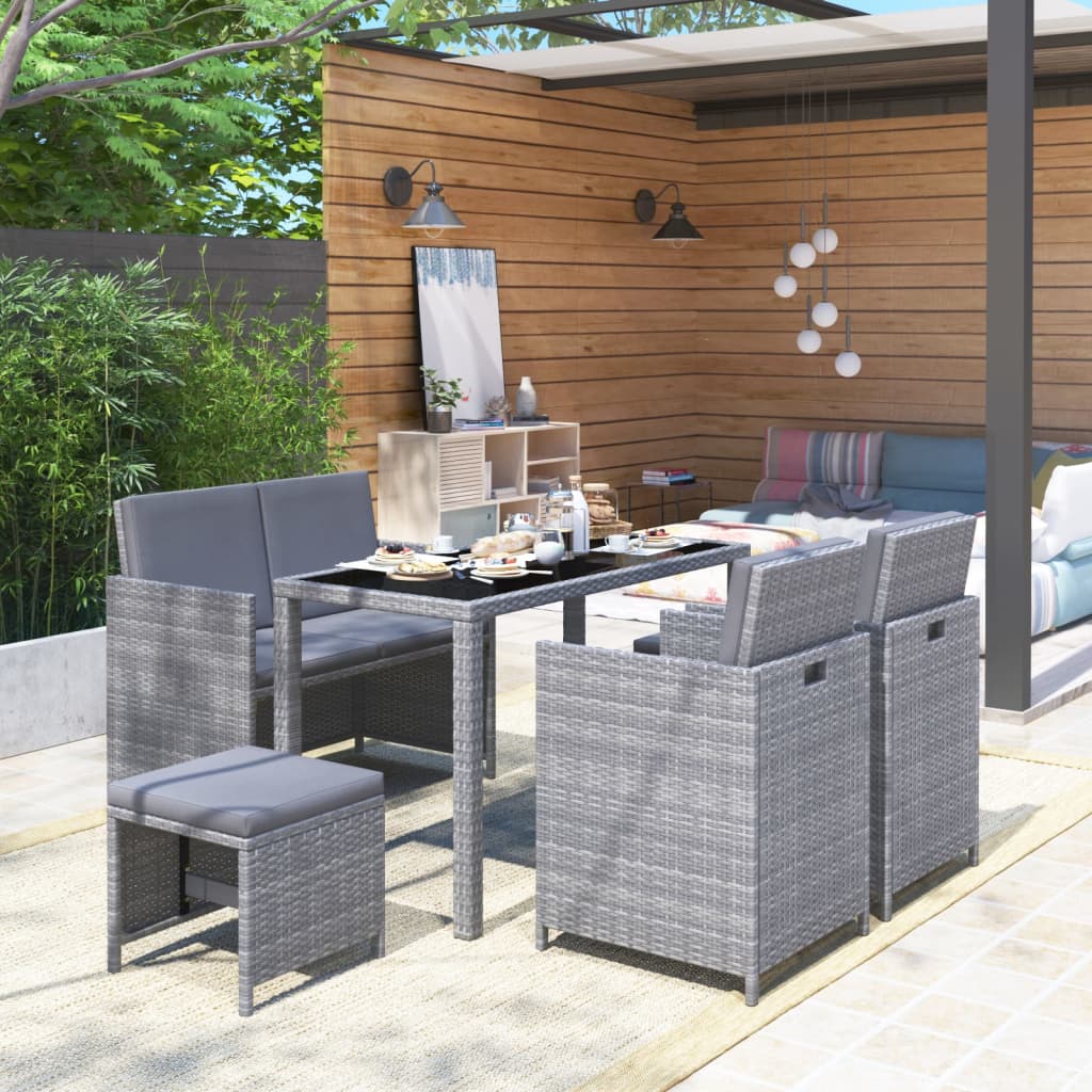 Set comedor de jardín 6 piezas y cojines ratán sintético negro