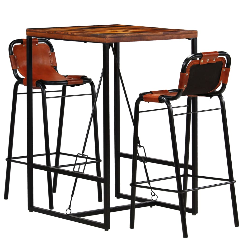Set muebles bar 3 pzas madera reciclada cuero cabra auténtico