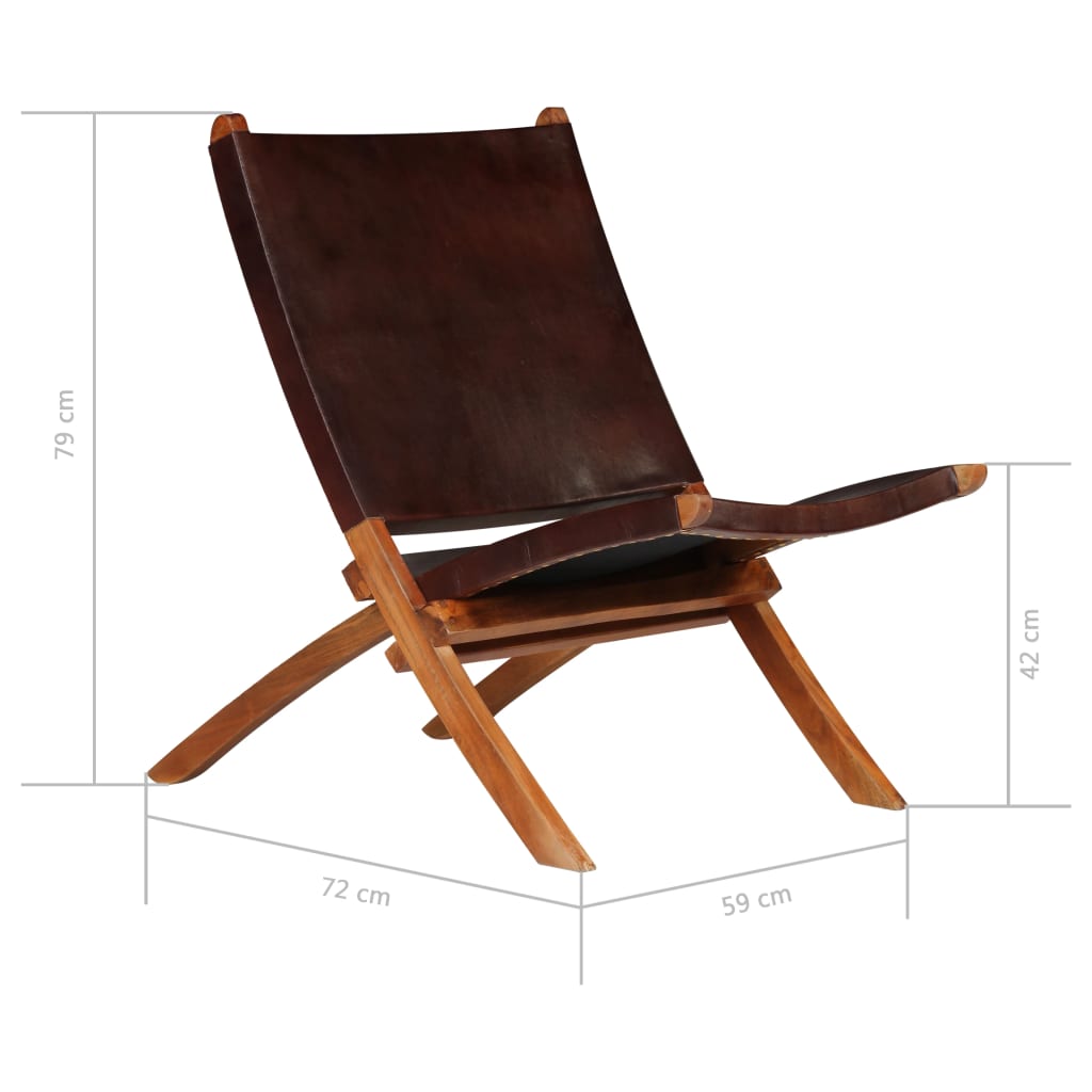 Silla de relax plegable de cuero auténtico marrón