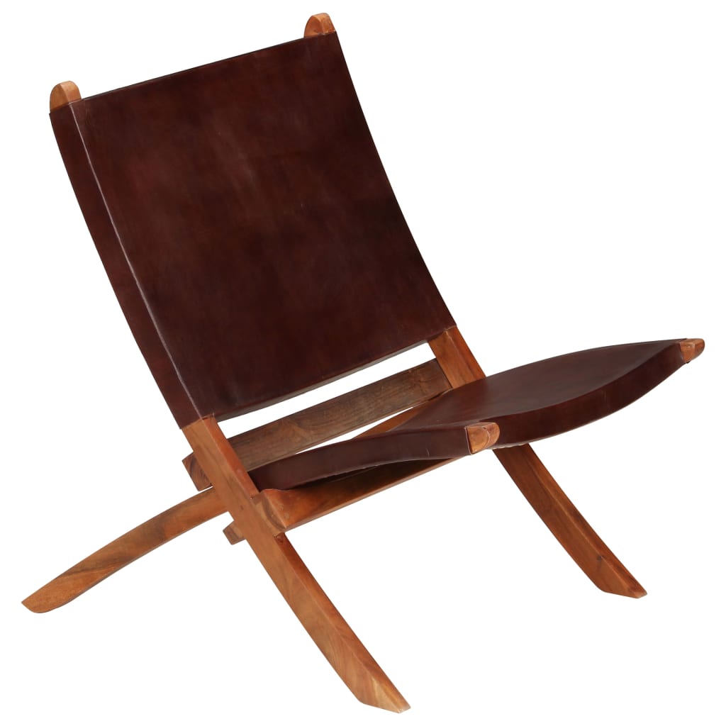 Silla de relax plegable de cuero auténtico marrón