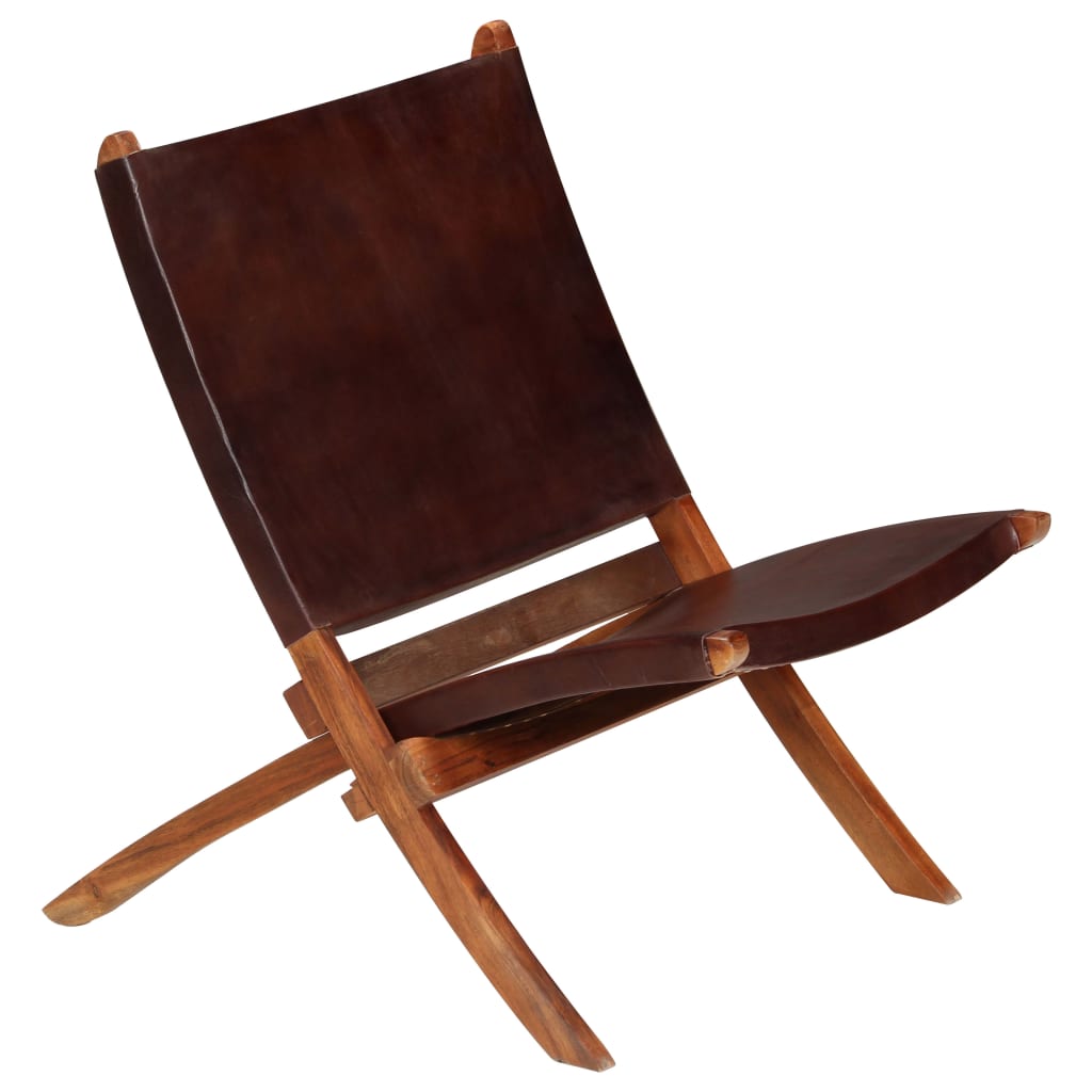 Silla de relax plegable de cuero auténtico marrón