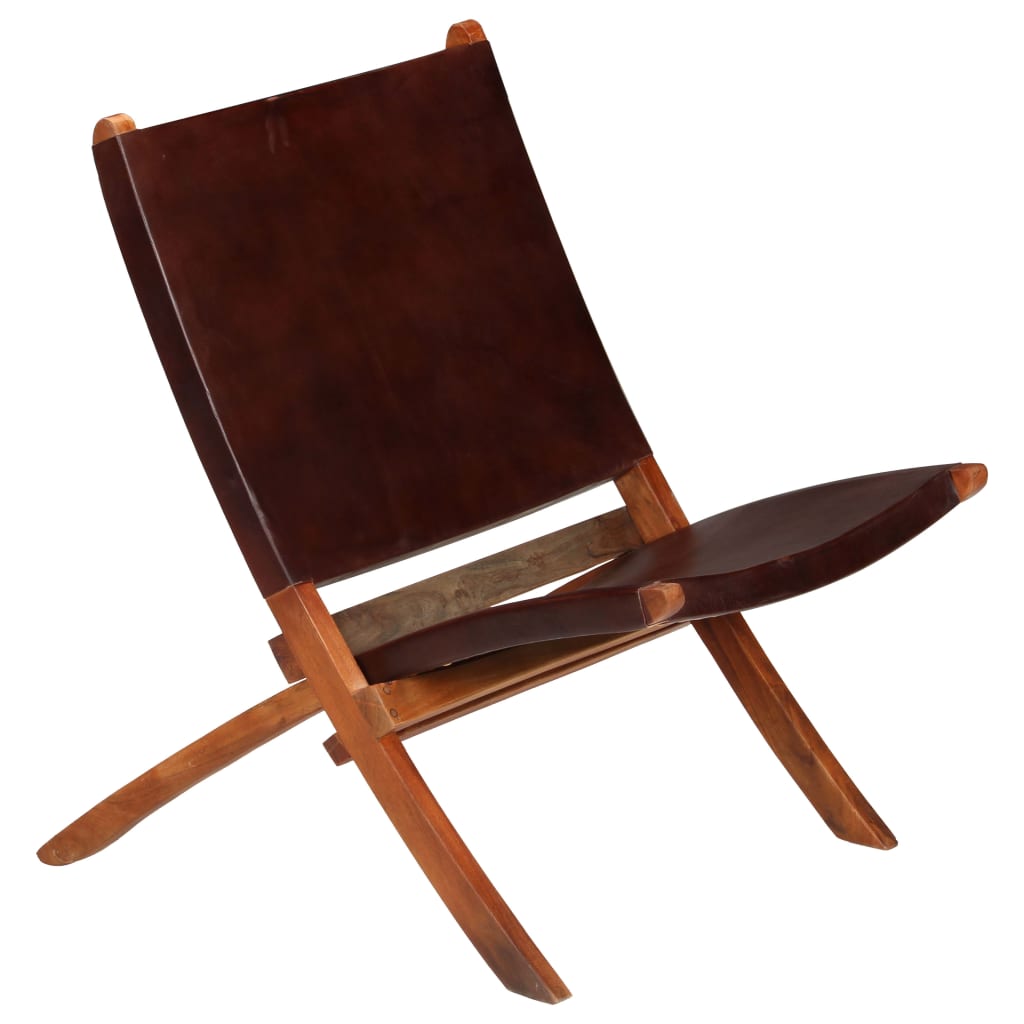 Silla de relax plegable de cuero auténtico marrón