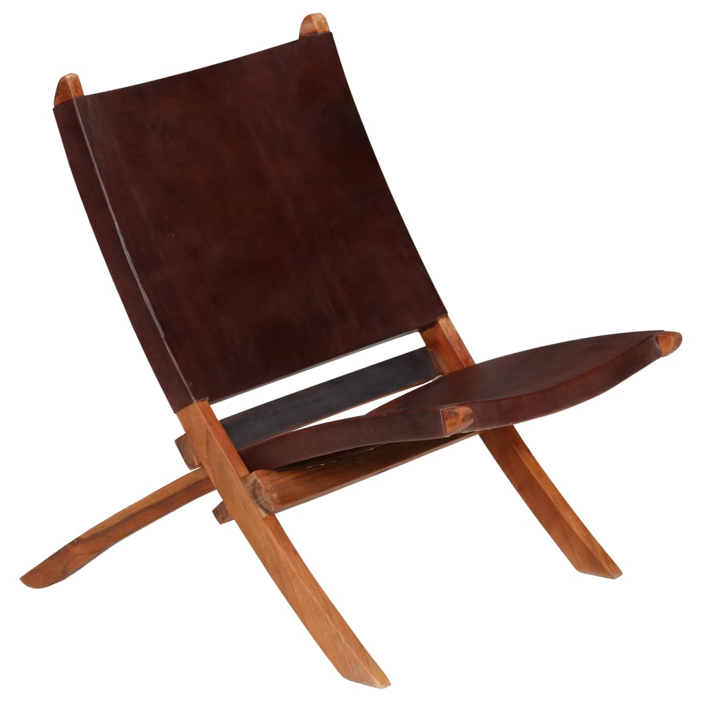 Silla de relax plegable de cuero auténtico marrón