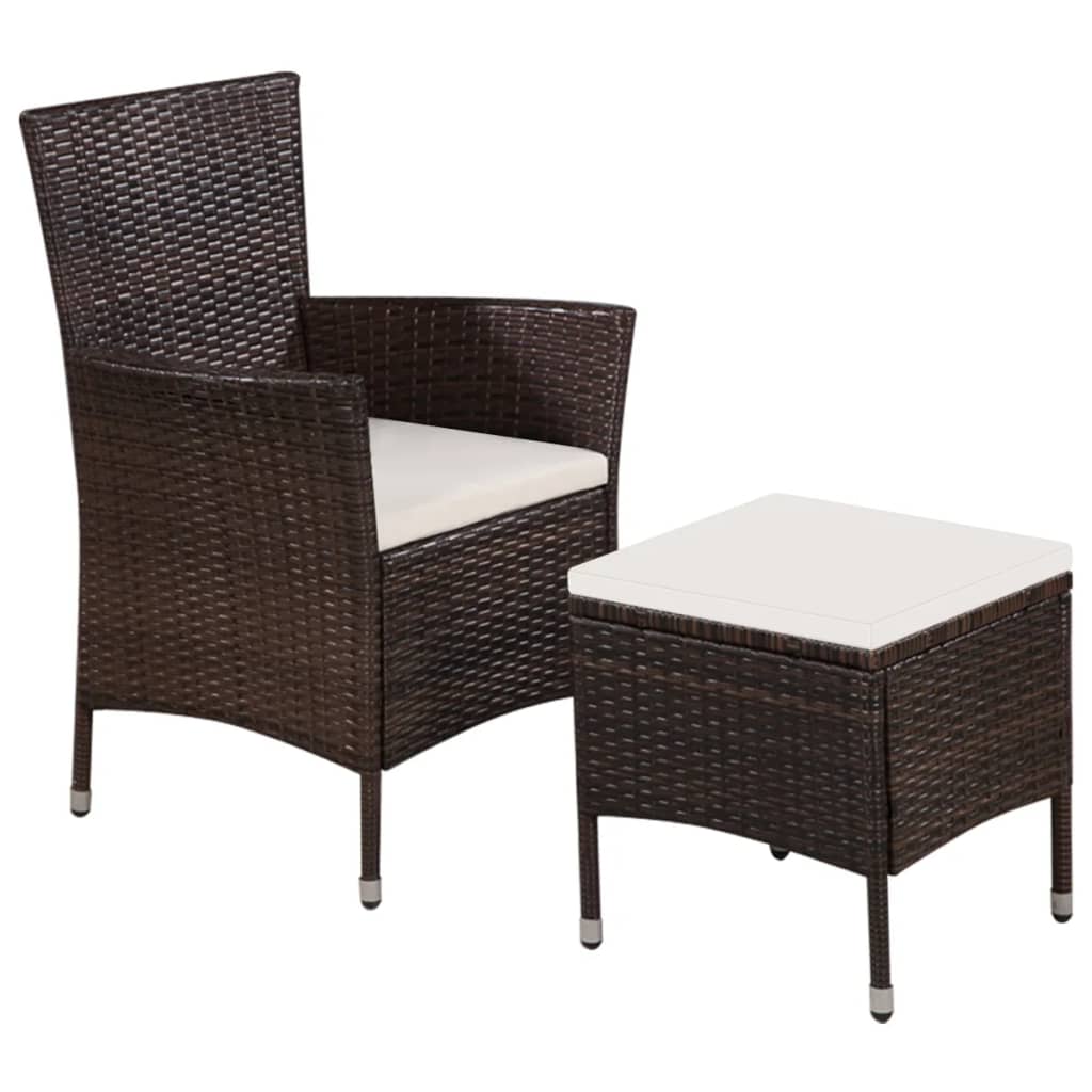 Garden chairs and stool with cushions, grey synthetic rattan