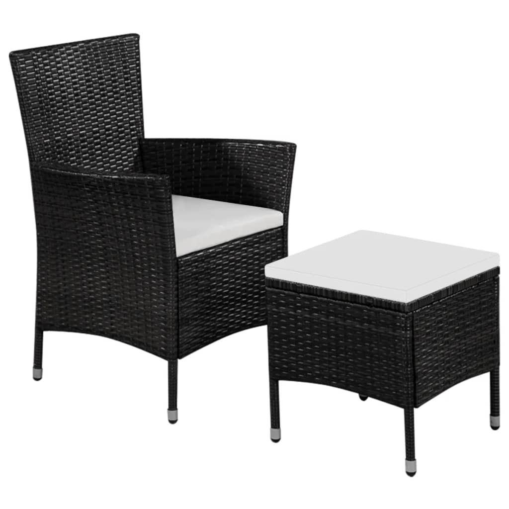 Garden chairs and stool with cushions, grey synthetic rattan