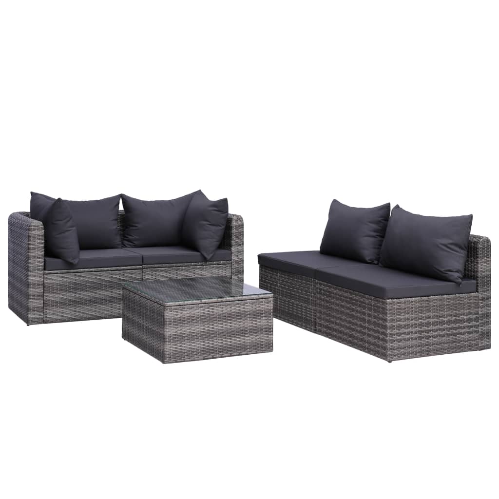 Set de muebles de jardín y cojines 5 pzas. ratán sintético gris