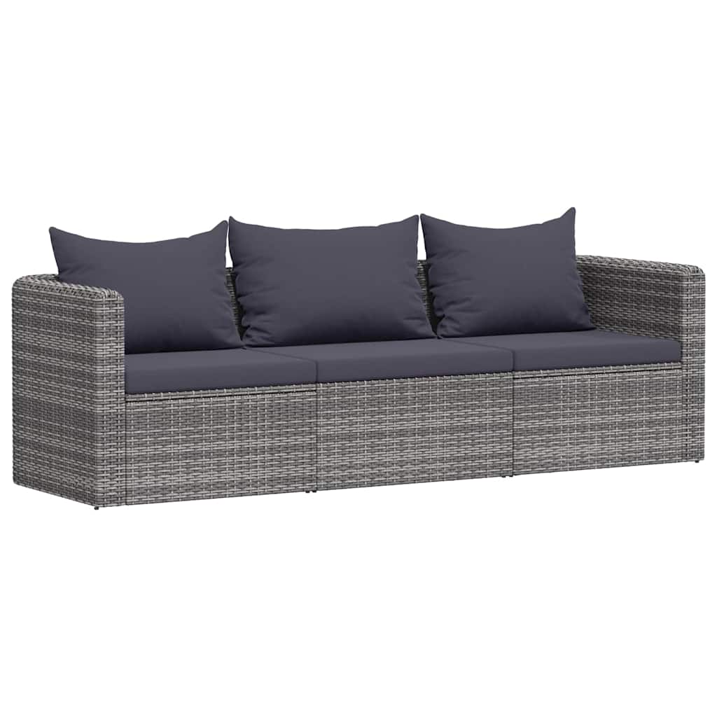 Set de sofás de jardín 3 piezas y cojines ratán sintético gris