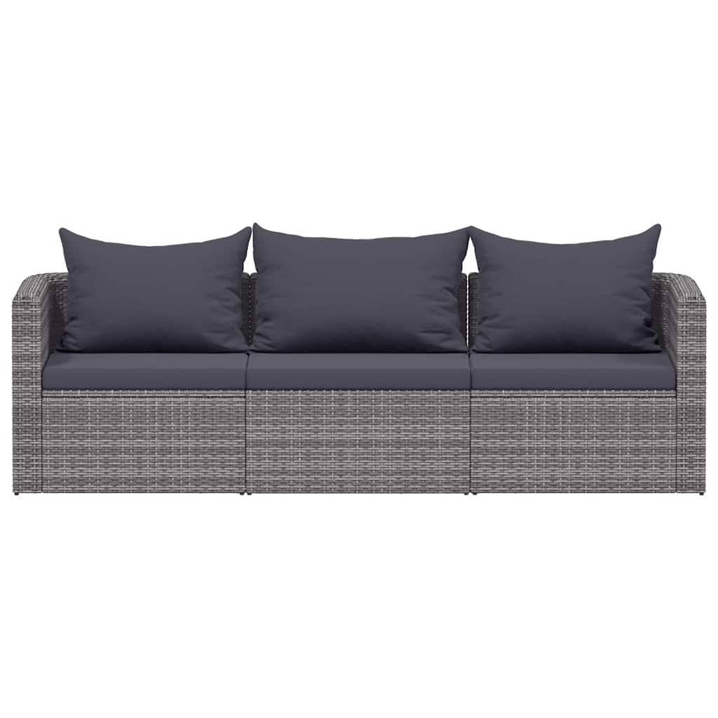 Set de sofás de jardín 3 piezas y cojines ratán sintético gris