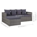 Set de muebles de jardín 4 piezas y cojines ratán PE gris