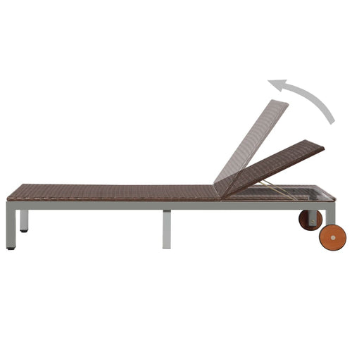 Brown synthetic rattan sun lounger with wheels