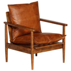 Sillón de cuero auténtico marrón con madera de acacia