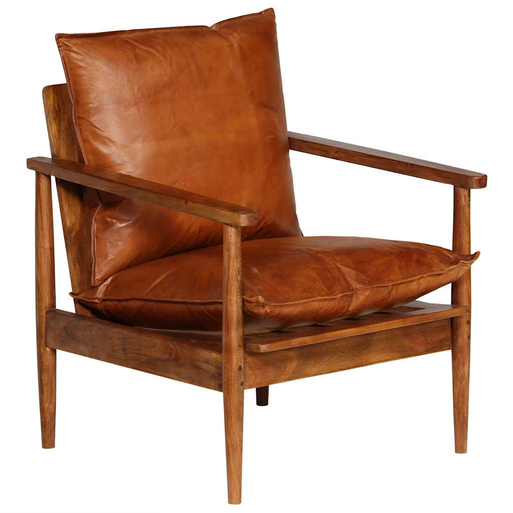 Sillón de cuero auténtico marrón con madera de acacia