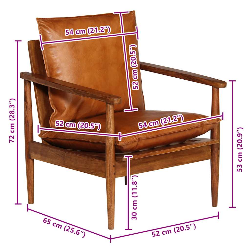 Sillón de cuero auténtico marrón con madera de acacia
