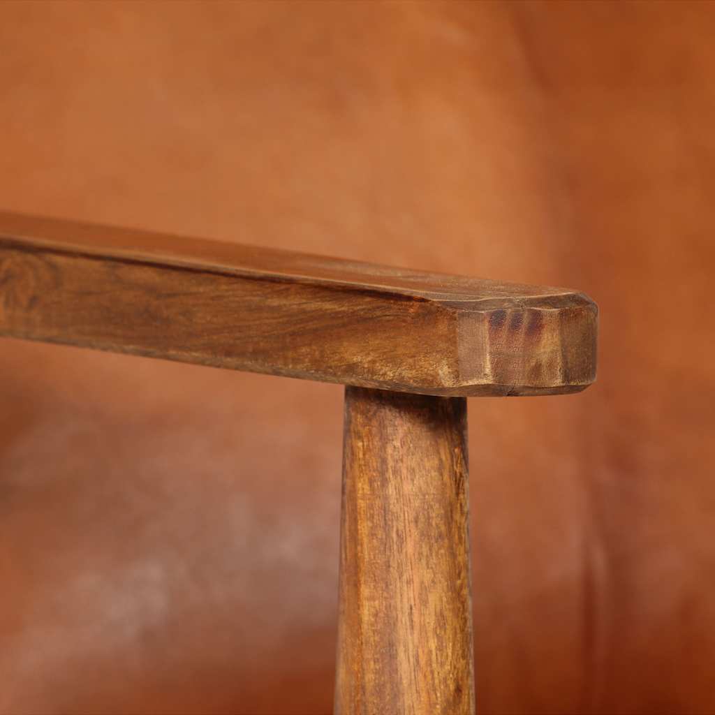 Sillón de cuero auténtico marrón con madera de acacia