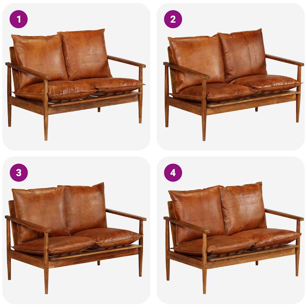 Sofá de 2 plazas cuero auténtico con madera de acacia marrón