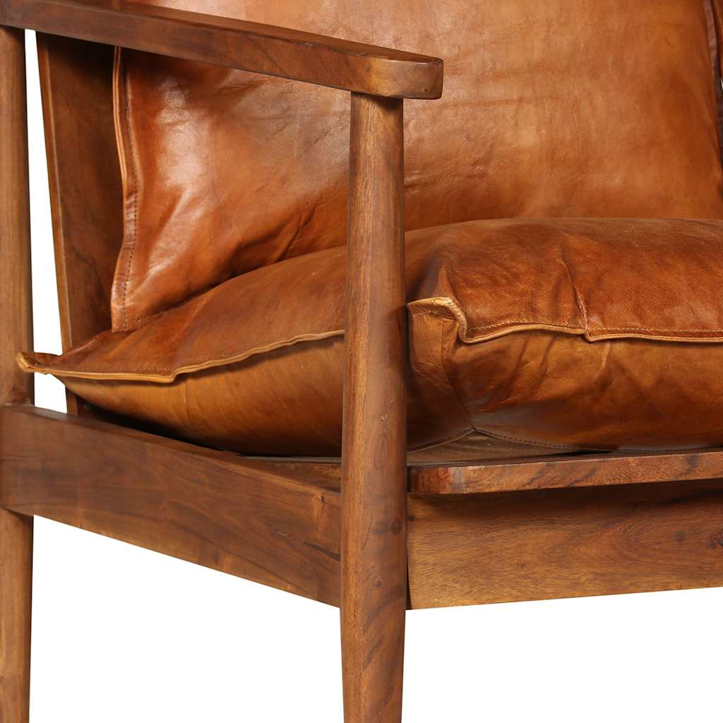 Sofá de 2 plazas cuero auténtico con madera de acacia marrón