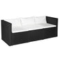 3-seater black synthetic rattan garden sofa with white cushions