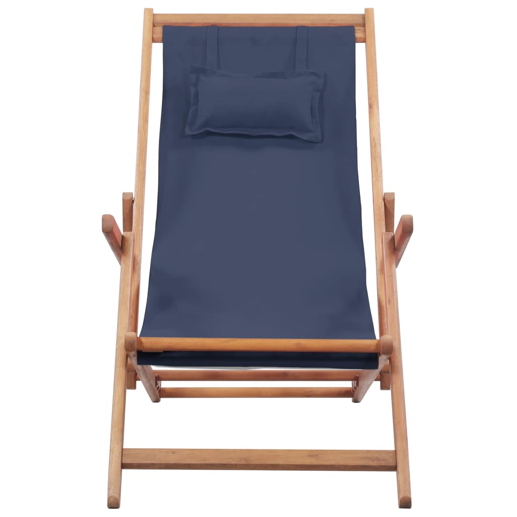 Silla de playa plegable de tela y estructura de madera azul