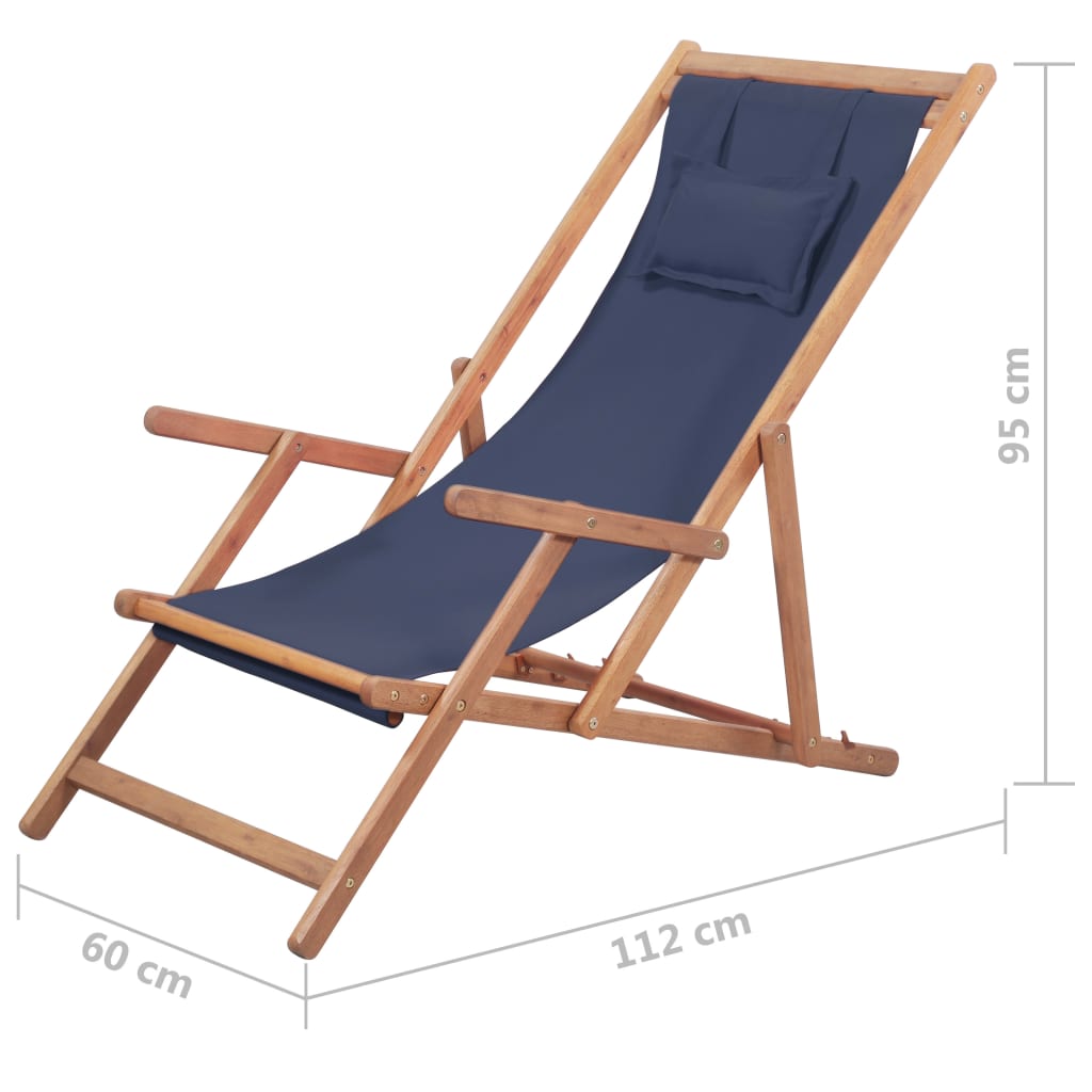 Silla de playa plegable de tela y estructura de madera azul