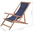 Silla de playa plegable de tela y estructura de madera azul