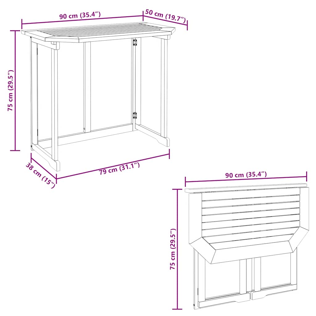 Mesa para terraza bistró madera maciza de acacia 90x50x75 cm