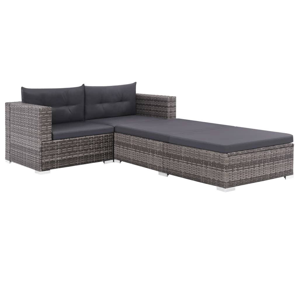 Set de muebles de jardín 3 pzas y cojines ratán sintético gris