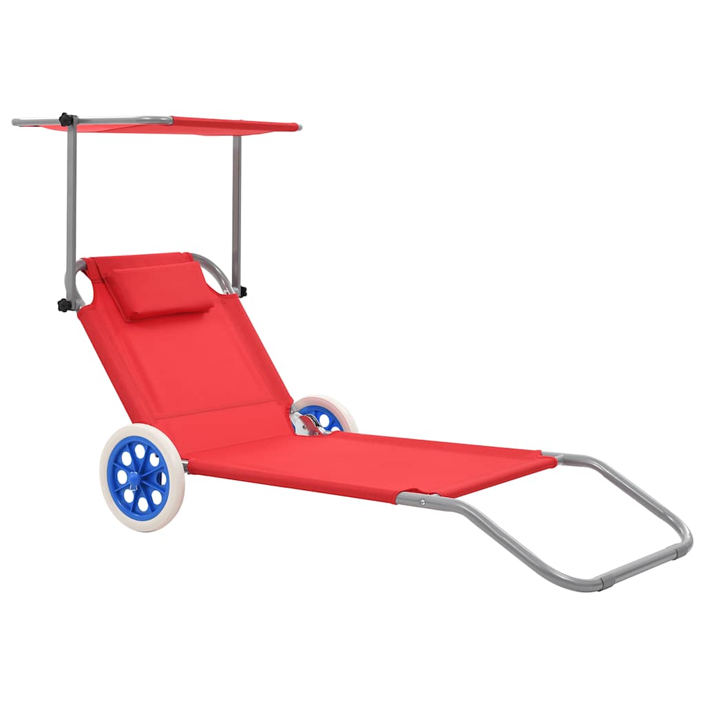 Folding sun lounger with canopy and wheels gray steel