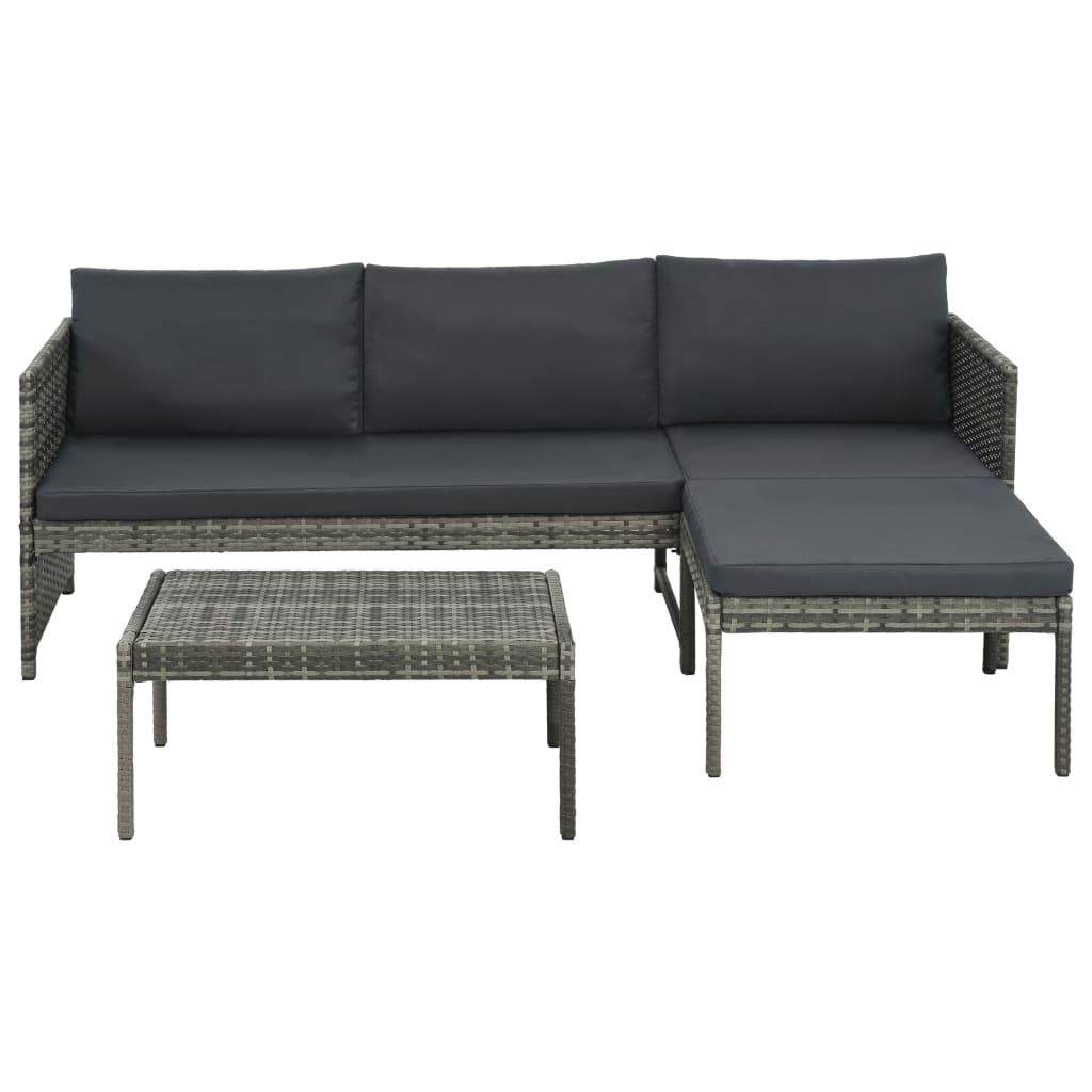 Set de muebles de jardín 3 pzas y cojines ratán sintético gris
