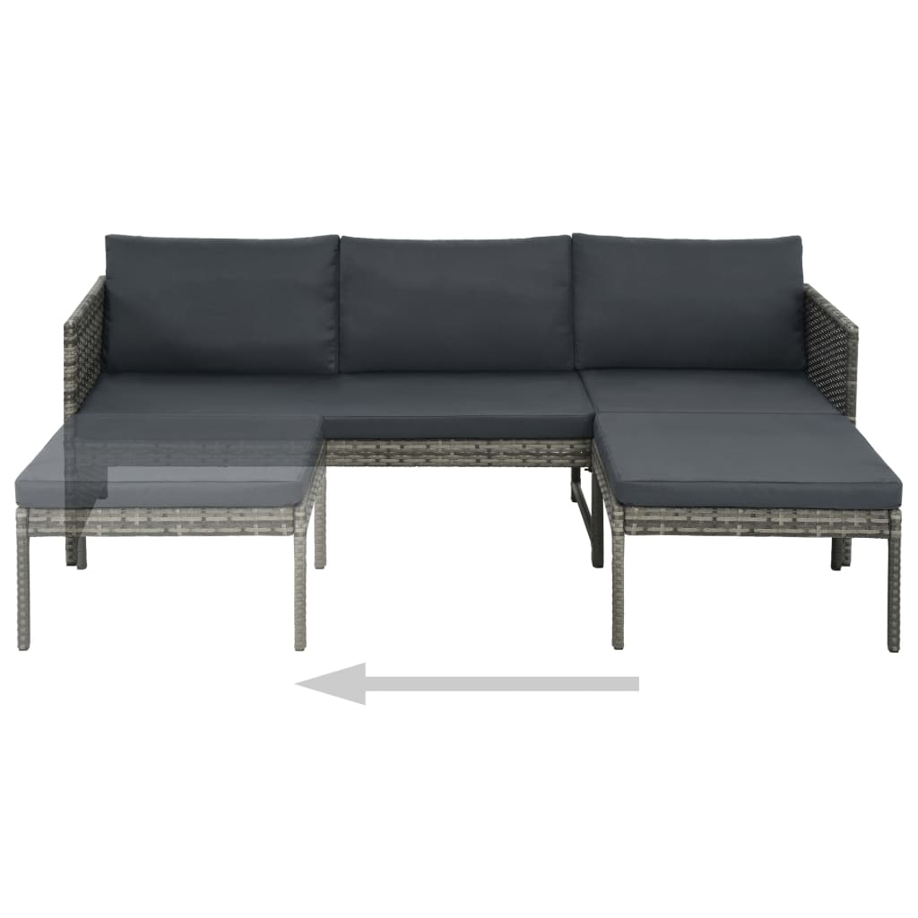 Set de muebles de jardín 3 pzas y cojines ratán sintético gris