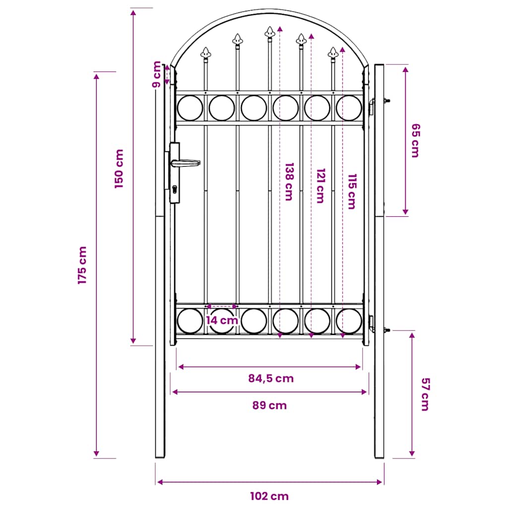 Puerta de valla ASSEN con arco superior de acero, 102 x 150 cm, negro