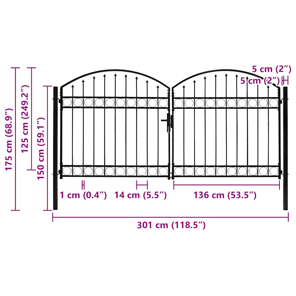 Puerta de valla ASSEN de doble puerta con arco superior de acero 300x125 cm