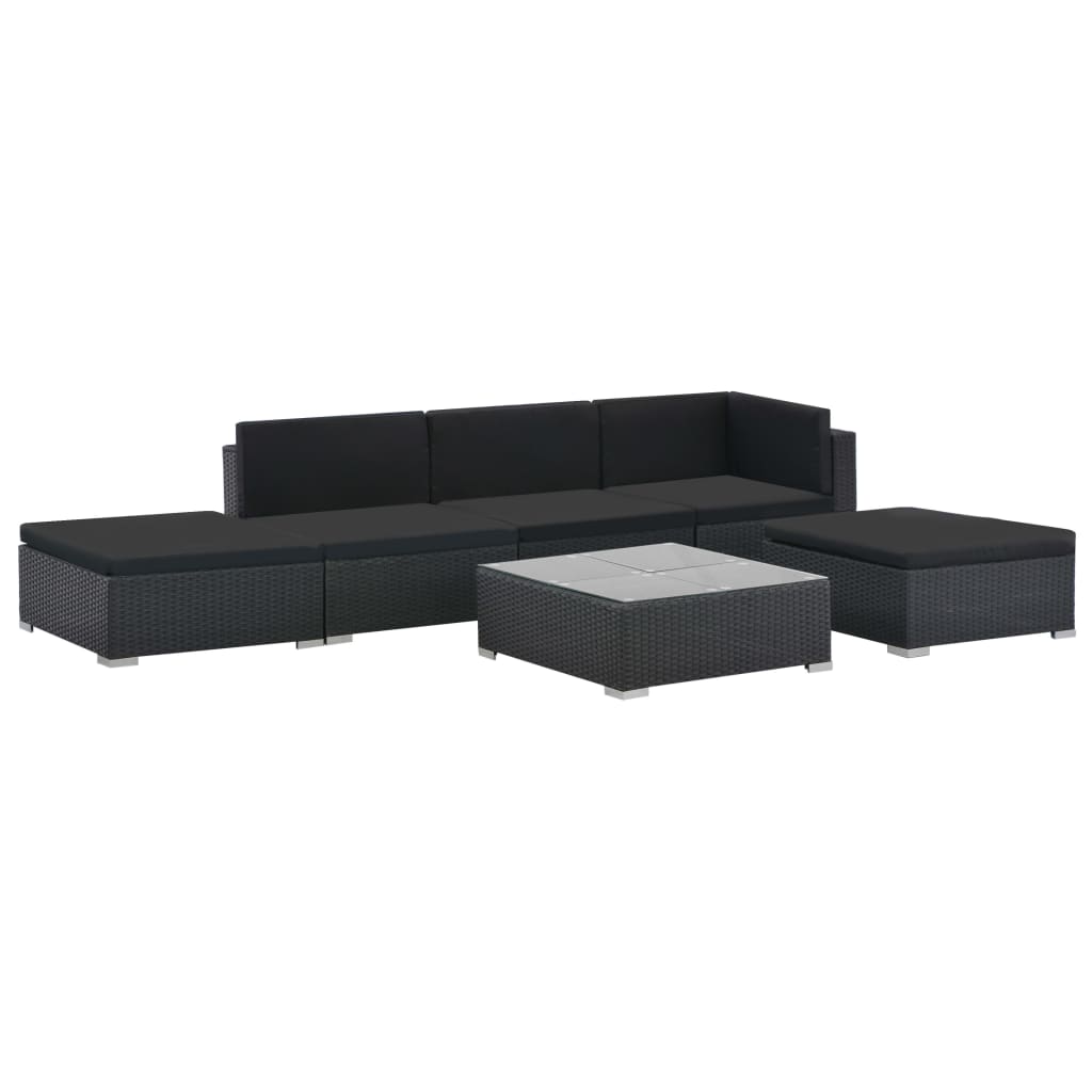 Set muebles de jardín 6 piezas y cojines ratán sintético negro