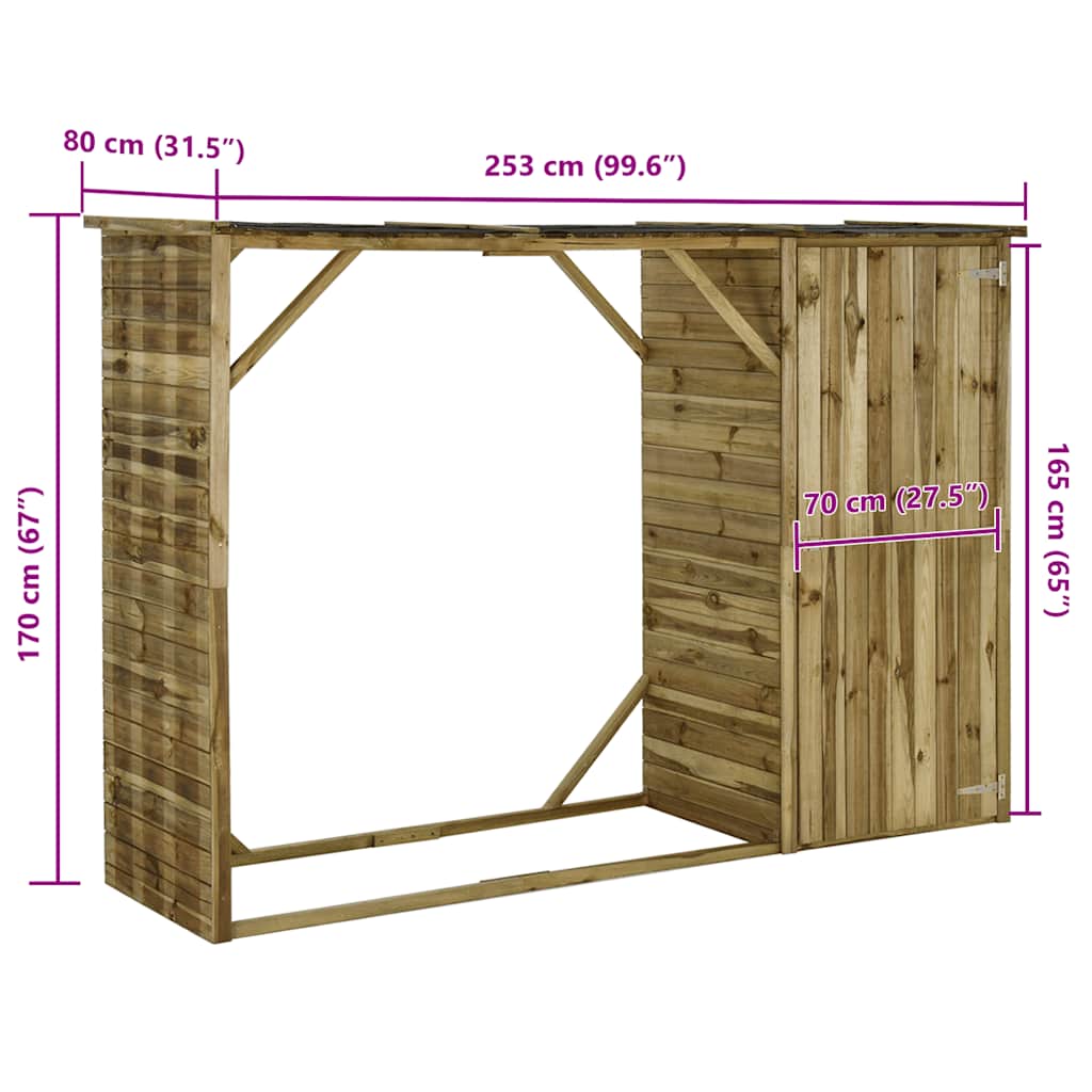 Caseta leña y herramientas jardín madera pino 253x80x170 cm