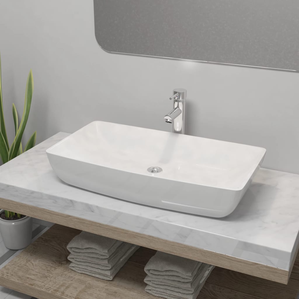 Lavabo de baño con grifo mezclador cerámica ovalado blanco