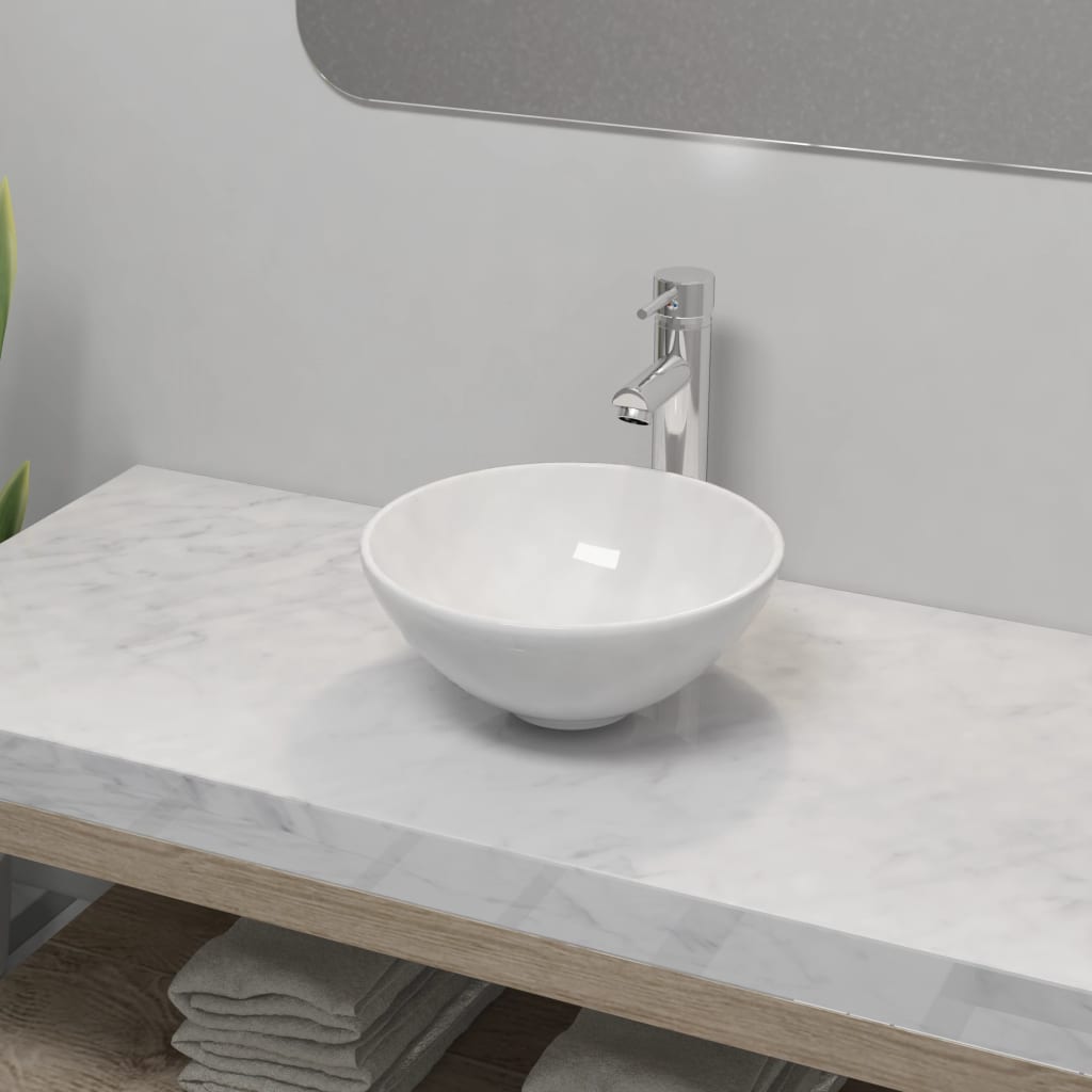 Lavabo de baño con grifo mezclador cerámica ovalado blanco